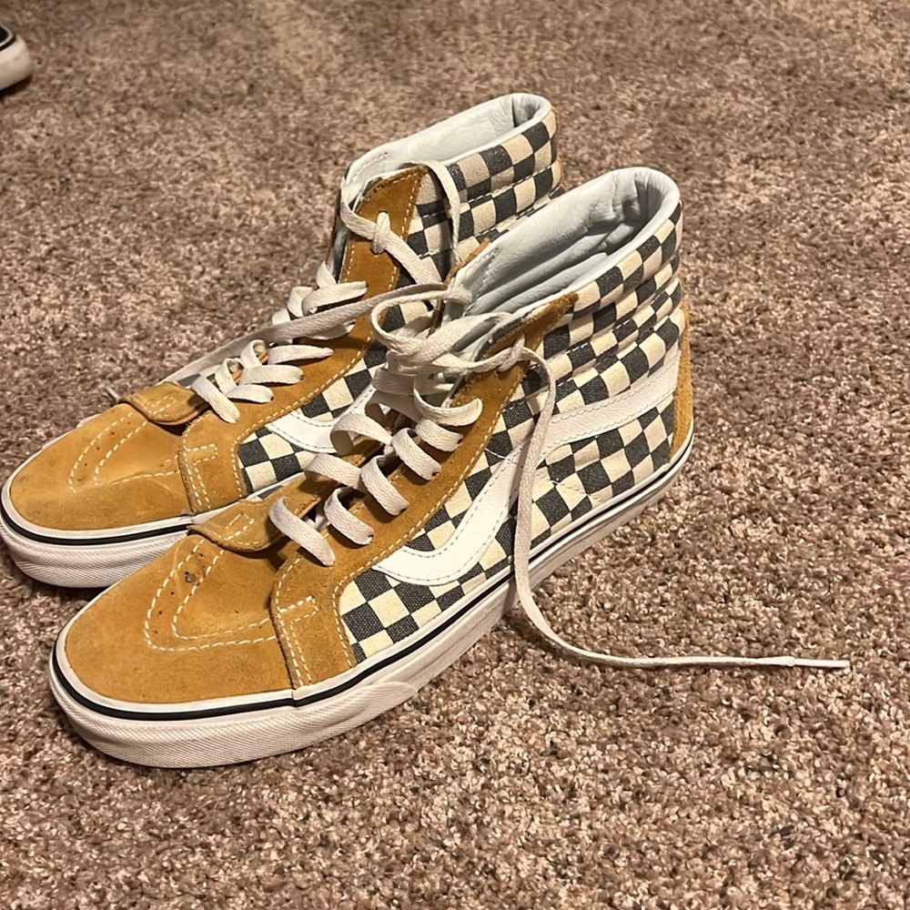 LIMITED Edition vans high tops. Suede yellow & grey check. Lightly used.